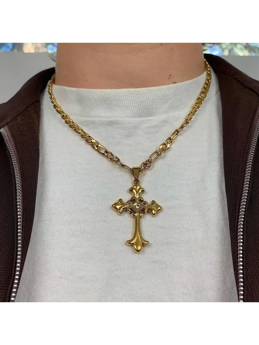 Y2K Gold Stainless Steel Cross Pendant Stone Necklace 20 Inch Unisex